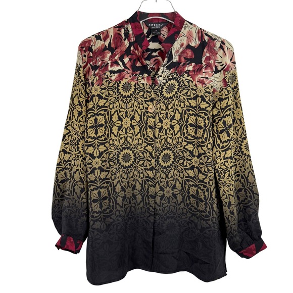 Citron Santa Monica 100% Silk Floral Print Button Up TOP Women SMALL BLOUSE